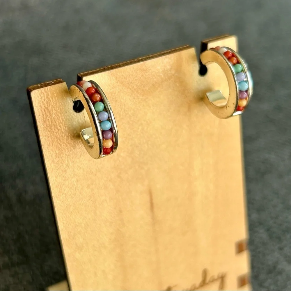 Macy’s Vintage Silver and Colorful Beaded Half Hoop Stud Earrings